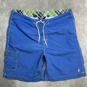 Polo Ralph Lauren Swim Trunks Medium Elastic Waist Lined Blue Cargo Pocket (34)